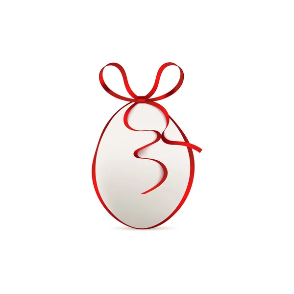 Holiday easter egg template decorated with silky red ribbon. Christian easter holiday egg gift, 3D realistic vector illustration isolated on white background.