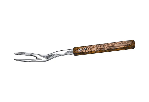 烧烤刀叉与木制手柄 轮廓风格的彩色矢量图形孤立在白色背景 用长柄叉子把肉放在烤架上 — 图库矢量图片