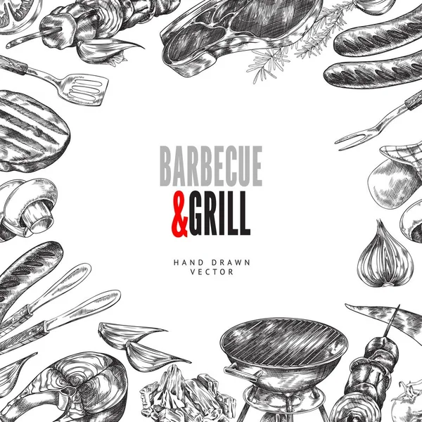 Barbecue Grill Hand Drawn Vector Illustration White Background Poster Background — Stock Vector