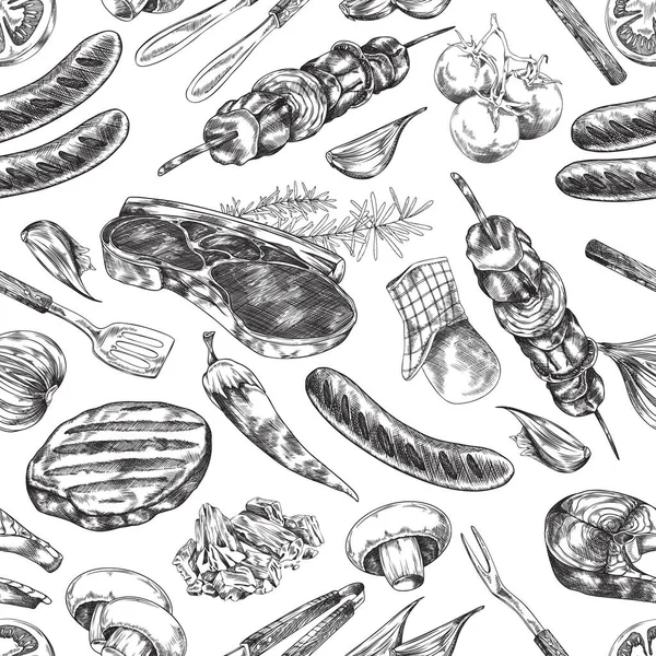 Seamless Pattern Vintage Style Grilled Meat Products Bbq Utensils Hand — Stock Vector