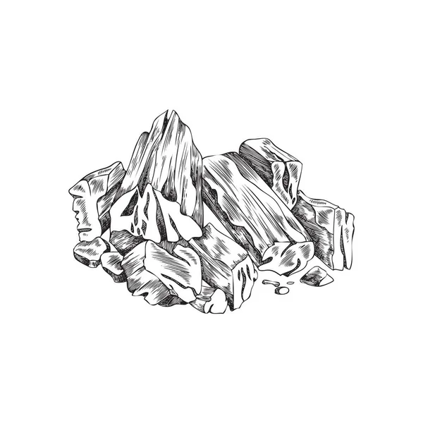 バーベキューやグリルのための石炭の山 手描きの白い背景に隔離されたベクトルイラストを刻ま 石炭または木炭 たき火や暖炉の — ストックベクタ