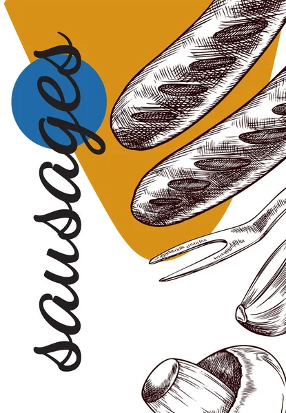 垂直横幅烧烤和烧烤香肠与叉子 矢量插图 油腻的食物 海报和传单设计模板 — 图库矢量图片