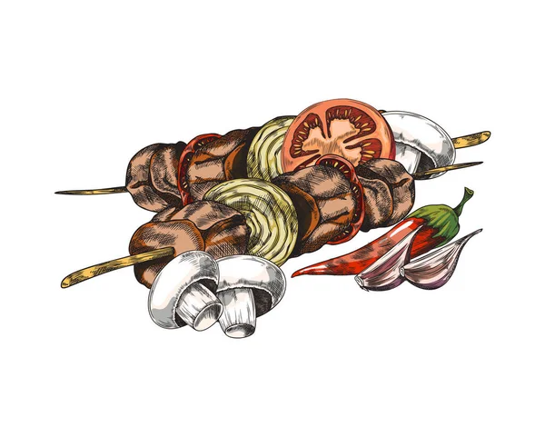 Köttkebab Eller Shashlik Grillad Spett Med Grönsaker Handritad Vektor Illustration — Stock vektor