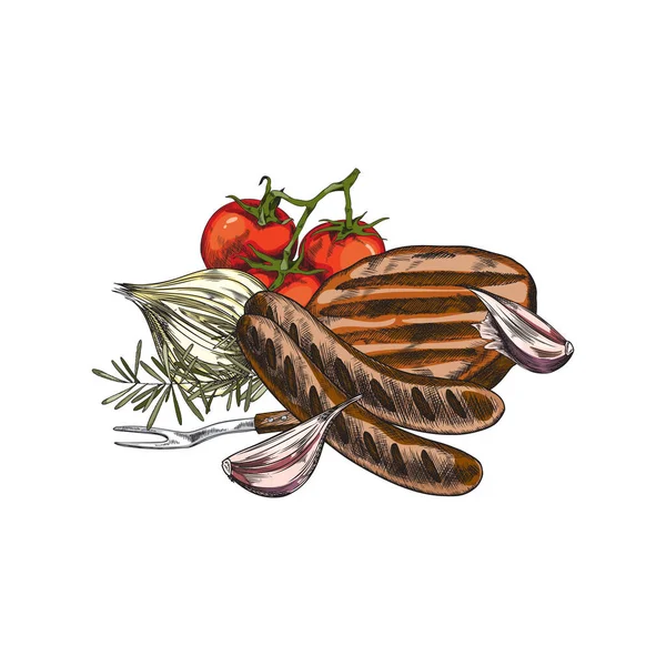 Filete Carne Salchichas Fritas Parrilla Ilustración Vectorial Dibujada Mano Aislada — Vector de stock