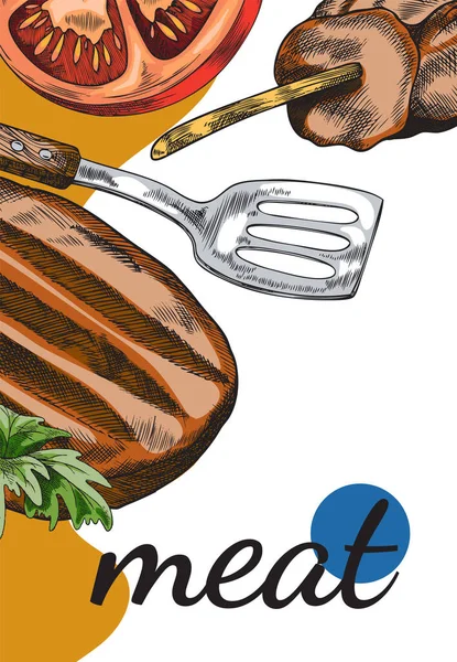 Viande Grill Bannière Alimentaire Modèle Carte Avec Steaks Grillés Frits — Image vectorielle