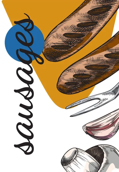 Saucisses Design Affiche Production Viande Dessin Main Illustration Vectorielle Style — Image vectorielle