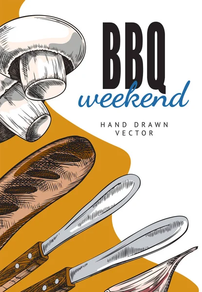 Bbq Weekend Party Advertising Card Banner Hand Drawn Engraving Vector — Stock Vector