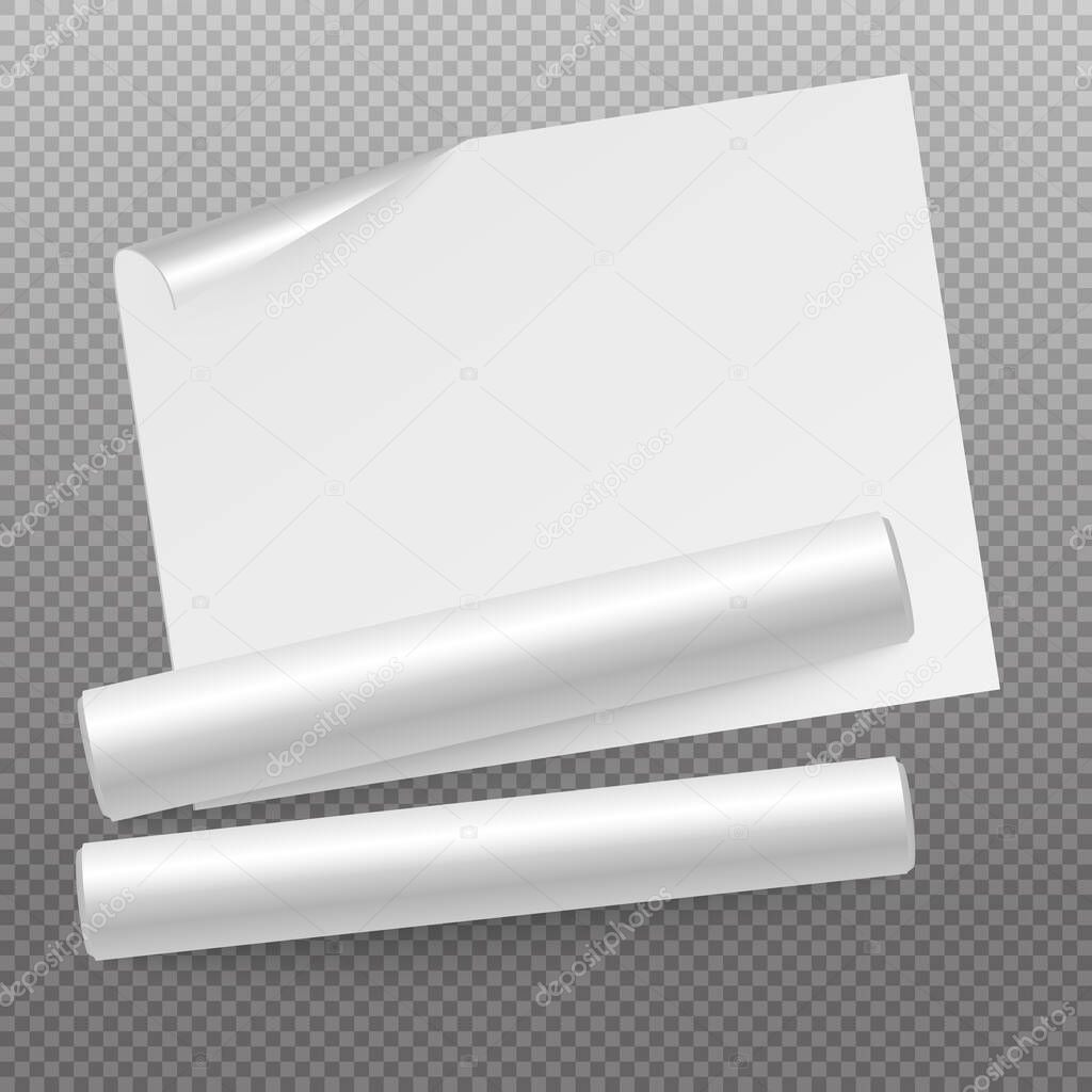 White blank wrapping or wallpaper mockup, realistic vector illustration isolated on transparent background. Rolls of blank white wrapping paper for design presentation.