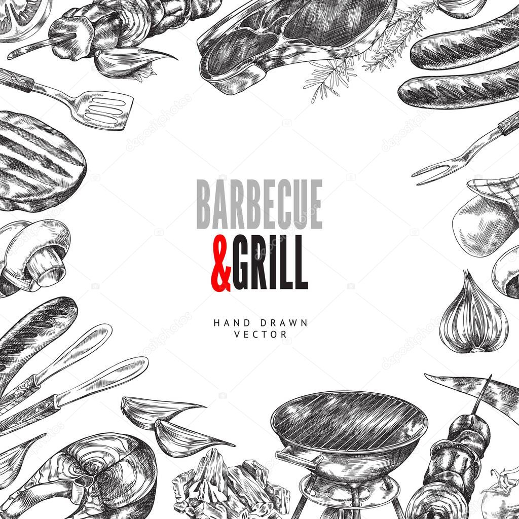 Barbecue grill, hand-drawn vector illustration on a white background. Poster, background for text with food, barbecue, meat, sausages and fish.