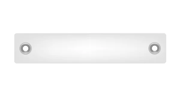 2つの銀のアイレット 白い背景に隔離された現実的な3Dベクトルイラストを持つ長方形のタグ 金属製のグロメットと空のラベルモックアップ 段ボールの上の丸いリベット — ストックベクタ