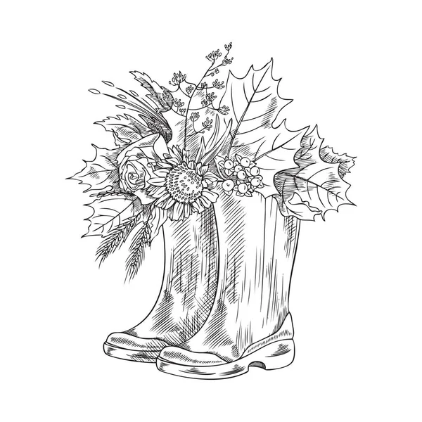 Gummistiefel Mit Herbstblumen Inneren Handgezeichnete Skizzenvektorillustration Isoliert Auf Weißem Hintergrund — Stockvektor