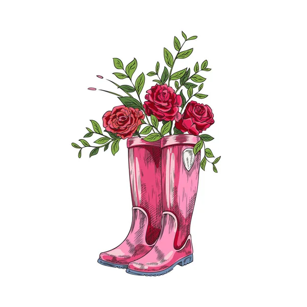 Par Botas Goma Wélly Rosa Con Rosas Interior Estilo Boceto — Archivo Imágenes Vectoriales