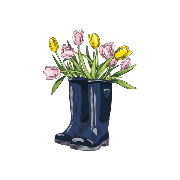 Bottes Caoutchouc Dessinées Main Avec Des Tulipes Intérieur Illustration Vectorielle — Image vectorielle