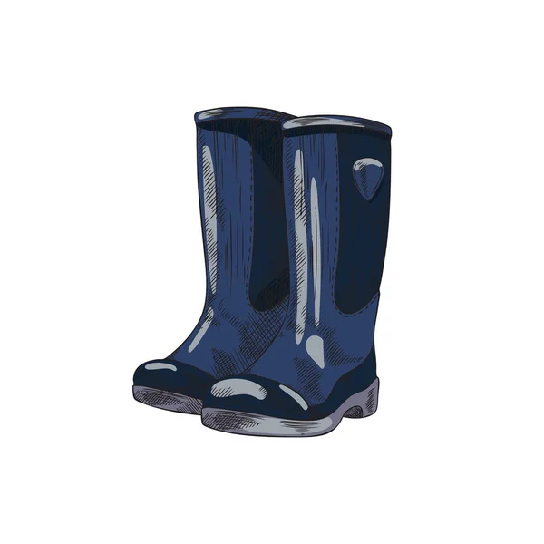 ラバー秋の防水ウェリントンの靴 手描きのスケッチカラーベクトルイラスト白の背景に隔離された 泥や雨の防止季節のブーツ — ストックベクタ