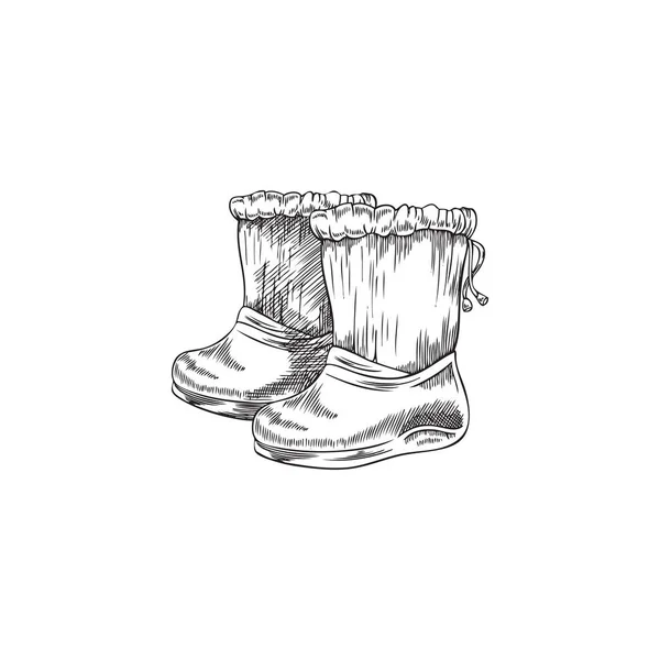 手绘单色胶靴 素描风格 白色背景上孤立的矢量图解 雨天穿的鞋和防水鞋 — 图库矢量图片