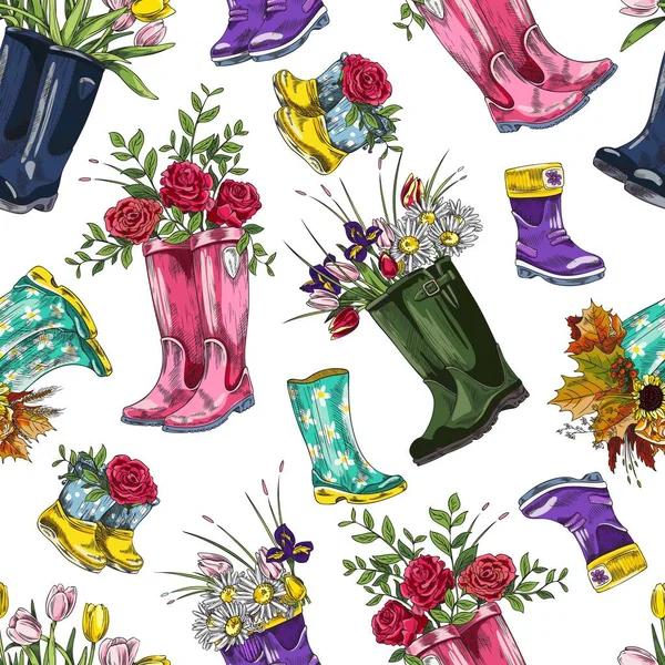 Botas Borracha Padrão Sem Costura Colorido Flores Primavera Dentro Sapatos — Vetor de Stock
