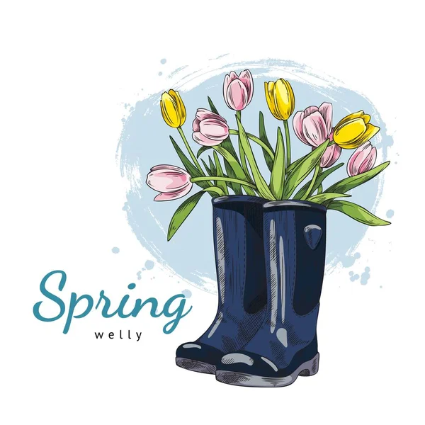 内部チューリップの花束とよくゴムブルーブーツ 春時間 白い背景に隔離されたベクトルイラスト ポストカード バナーのデザインテンプレート — ストックベクタ