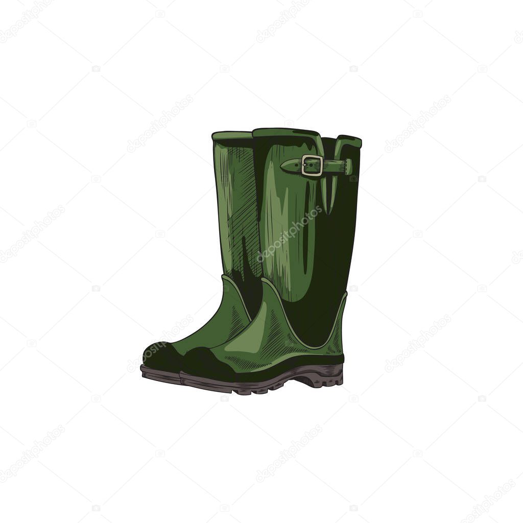 Pair of green welly rubber boots with black soles, vector illustration isolated on white background. Rainy weather shoes. Waterproof wellington shoes, sketched design element
