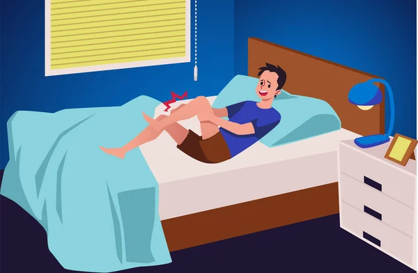 Homme Couché Lit Dans Douleur Personnage Souffrant Jambe Engourdie Illustration — Image vectorielle