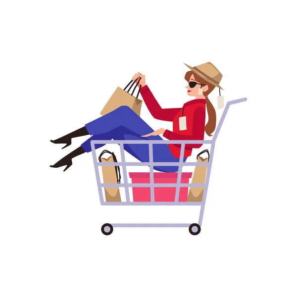 女人快乐的购物者坐在购物车里 白色背景上的平面矢量图形孤立 销售和折扣的女性角色 — 图库矢量图片