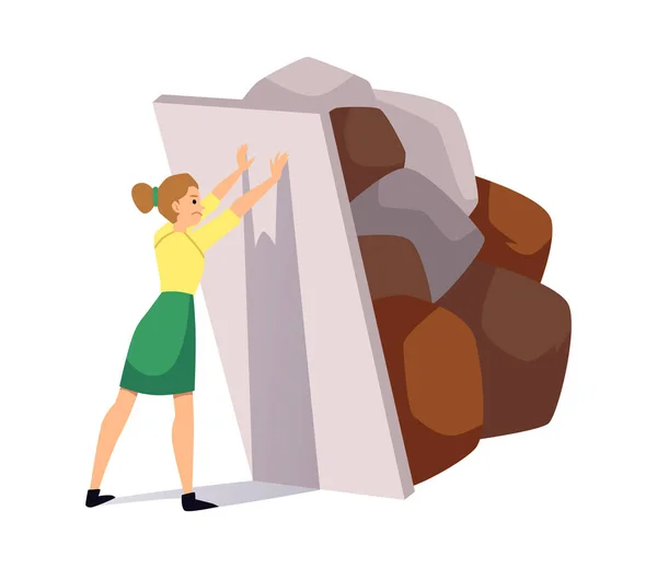 Woman Keeps Heavy Boulders Falling Metaphor Difficult Life Circumstances Life — Stock Vector