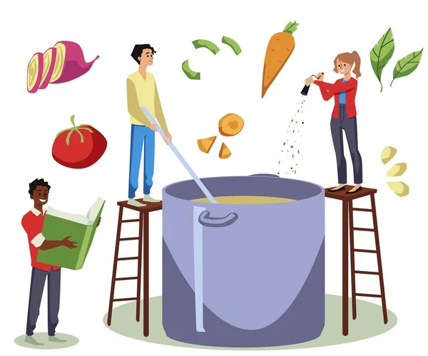 人々は白い背景に隔離された巨大な鍋か鍋 平らな漫画のベクトル図に食糧を置く 料理のレシピ本と料理のコンセプトのイメージ — ストックベクタ