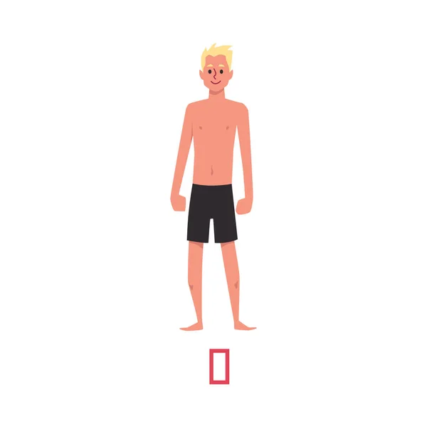 長方形の男性型の下着を着た若い男 人間の男性の体の形のインフォグラフィック 白い背景に隔離されたフラット漫画のベクトルイラスト — ストックベクタ