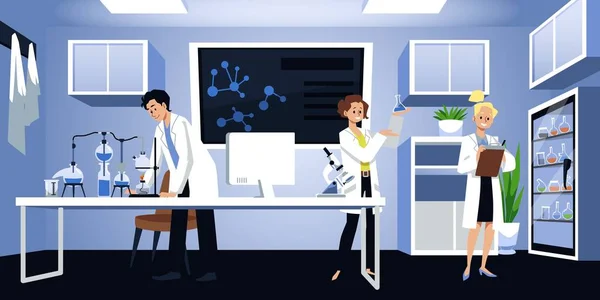 Interior Sala Laboratório Médico Químico Com Assistentes Laboratório Cientistas Que —  Vetores de Stock