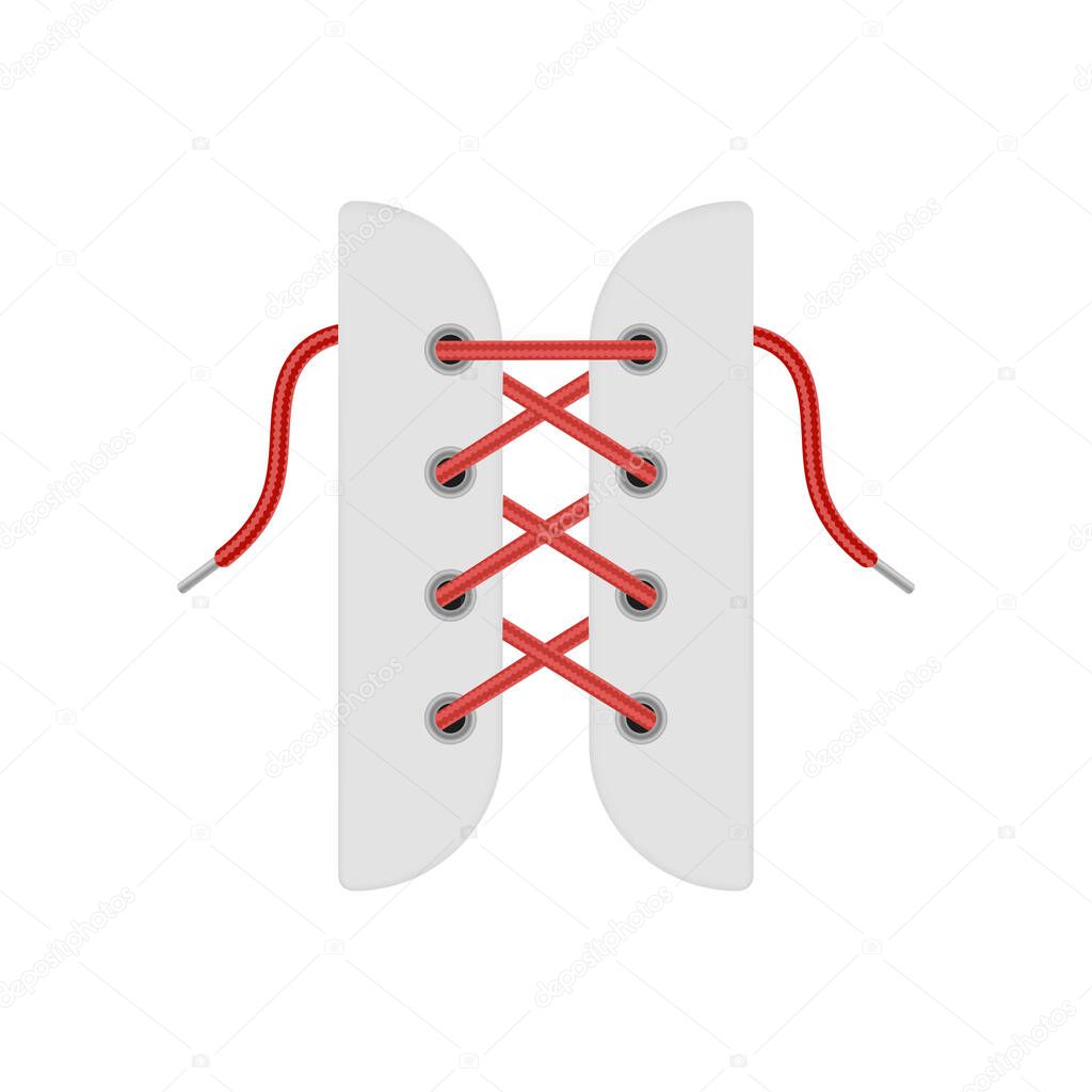 Realistic scheme of tying shoe laces, vector illustration isolated on white background. Red crossed threads, footwear accessory, fashion design element