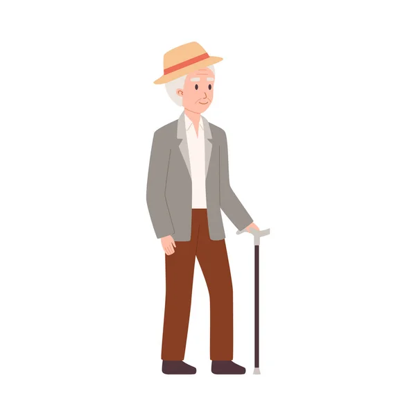 Ηλικιωμένος Άνθρωπος Στέκεται Ακουμπώντας Ένα Μπαστούνι Μπαστούνι Επίπεδη Διανυσματική Απεικόνιση — Διανυσματικό Αρχείο