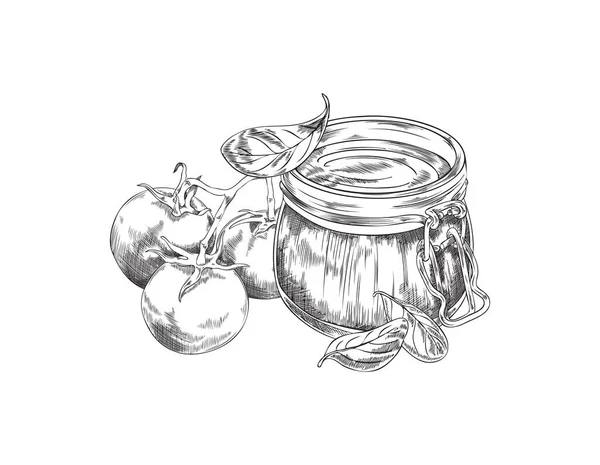 토마토소스나 유리병에 케첩을 배경에 삽화를 스케치한다 손으로 토마토와 집에서 소스의 — 스톡 벡터