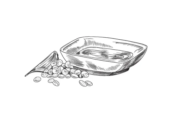 Hand Drawn Monochrome Composition Sauce Bowl Garlic Grains Sketch Style — Stock vektor