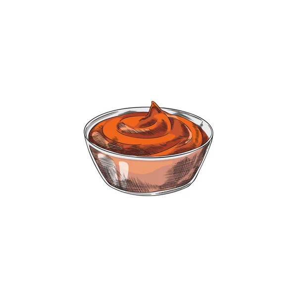 Skleněná Miska Červené Rajčatové Kečup Omáčky Ručně Kreslené Barvy Rytí — Stockový vektor