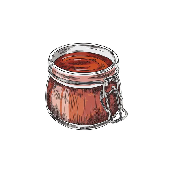 Open Mason Jar Tomato Bbq Sauce Sketch Vector Illustration Isolated — Stock Vector