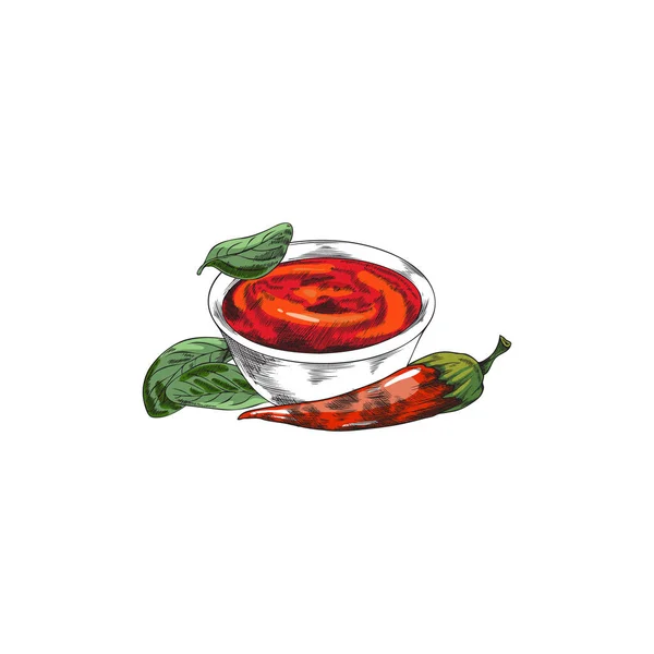 手绘辣椒酱汁在小碗里 素描矢量图以白色背景隔离 萨尔萨或哈莉萨喜欢墨西哥传统烹饪 咖啡店设计的食物配料 — 图库矢量图片