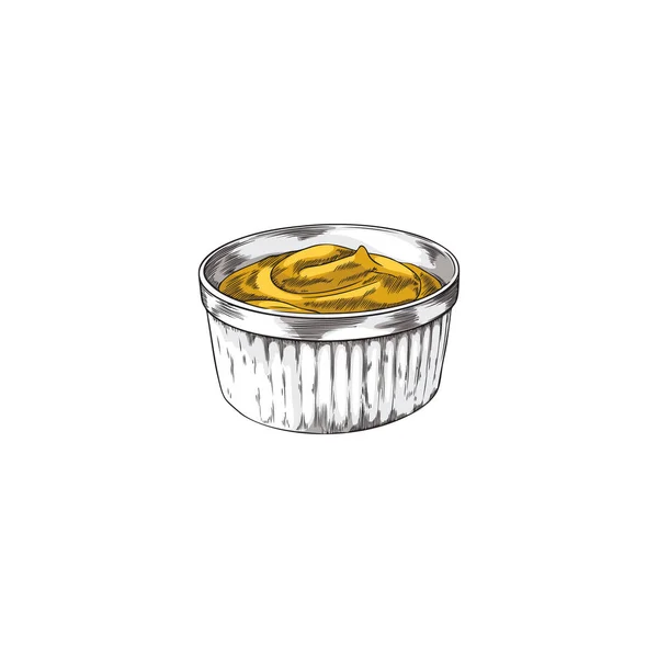 ボウルのスケッチスタイルで手描きの黄色のマスタードソース 白い背景に隔離されたベクトルイラスト 料理の成分 刻まれた料理の成分のためのスパイシーな — ストックベクタ