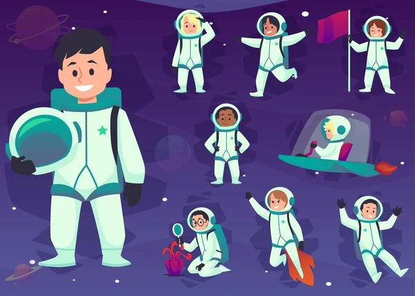 Roztomilé Děti Astronauti Rakety Planety Sada Ploché Vektorové Ilustrace Izolované — Stockový vektor