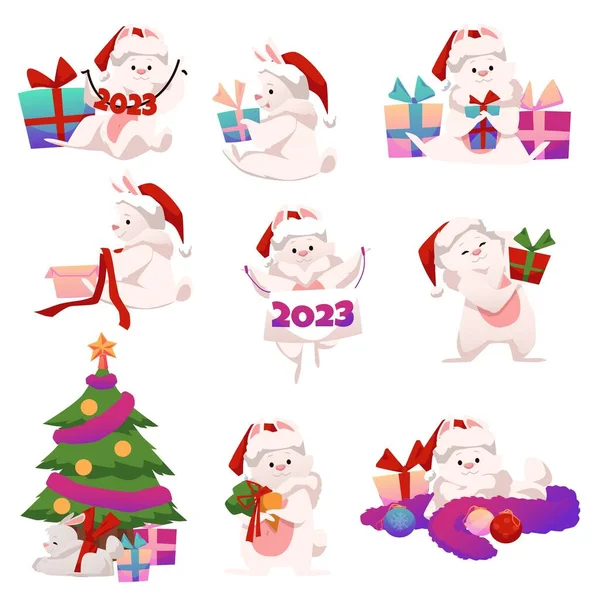 Christmas New Year Set Cute White Rabbit Flat Vector Illustration — Stock Vector