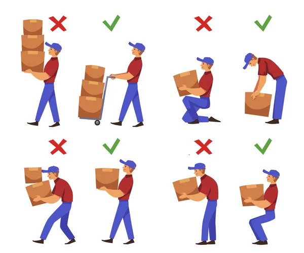 Manual Handling Loads Infographic Set Man Loader Lifts Heavy Boxes —  Vetores de Stock