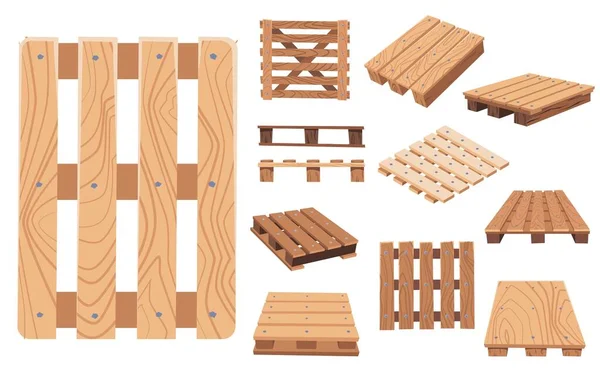 Pallet Legno Impostato Diverse Angolazioni Cartone Animato Illustrazione Vettoriale Piatta — Vettoriale Stock