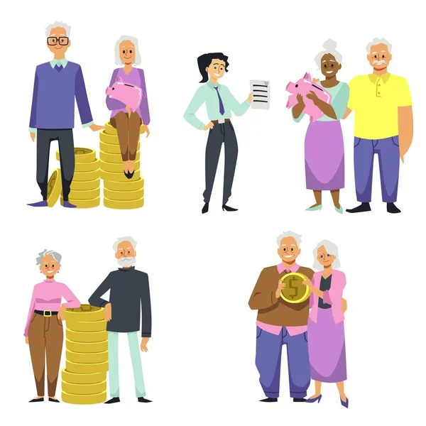 Pensioenfonds Concept Met Oude Mensen Stripfiguren Oudere Paren Investeren Zorgen — Stockvector