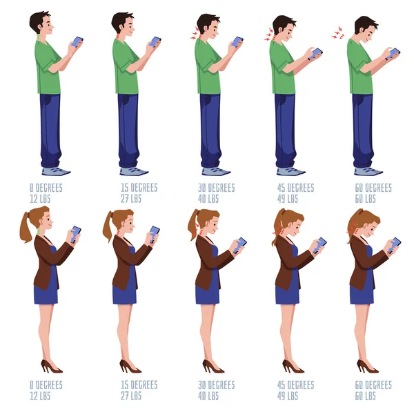 Posture Man Woman Using Phone Vector Illustration Various Degrees Spinal — Vetor de Stock