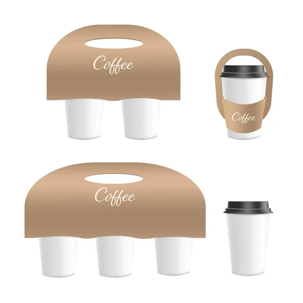 Kaffeetasse Kartonhalter Vorlage Für Design Präsentation Mit Einwegbechern Heißgetränke Griff — Stockvektor