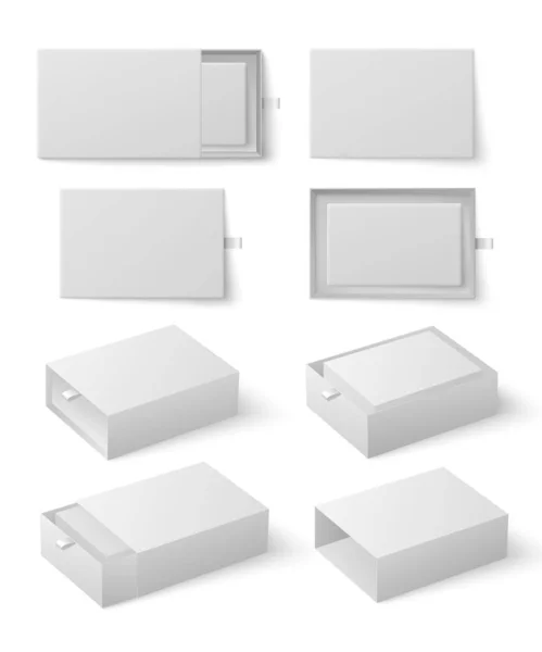 白盒滑块 内装盒子 模型设置为白色背景矢量插图 礼物包装模板 公开展示视图 纸箱或纸箱 箱体滑块 — 图库矢量图片