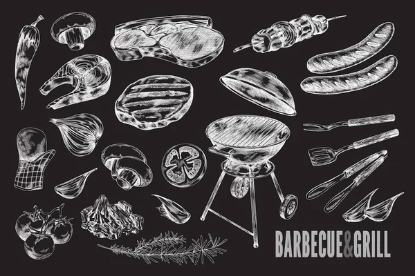Set Hand Drawn Products Tools Barbecue Grill Sketch Style Vector —  Vetores de Stock