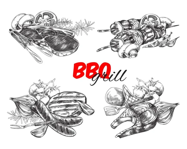 Set Different Hand Drawn Dishes Cooking Grill Sketch Style Vector — Wektor stockowy