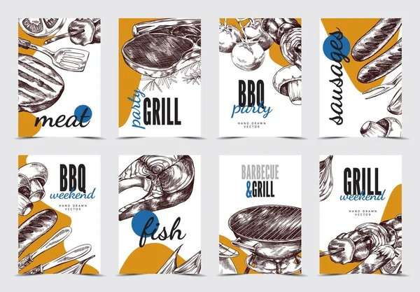 Set Verticale Flyers Posters Sjablonen Barbecue Grill Vector Illustratie Geïsoleerd — Stockvector