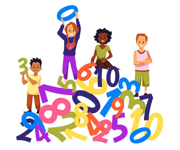 Enfants Heureux Sur Tas Nombres Colorés Zéro Dix Style Plat — Image vectorielle