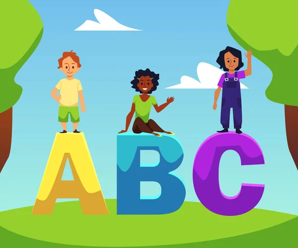 Kids Sitting Standing Abc Alphabet Letters Flat Vector Illustration First — Wektor stockowy