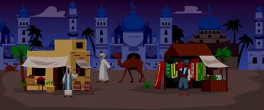 Ortadoğu ya da Arap şehri gece sahnesi, insan karakterleri, düz vektör çizimi. Sokak dükkanları ve vatandaşları olan Arap eski şehir geçmişi.